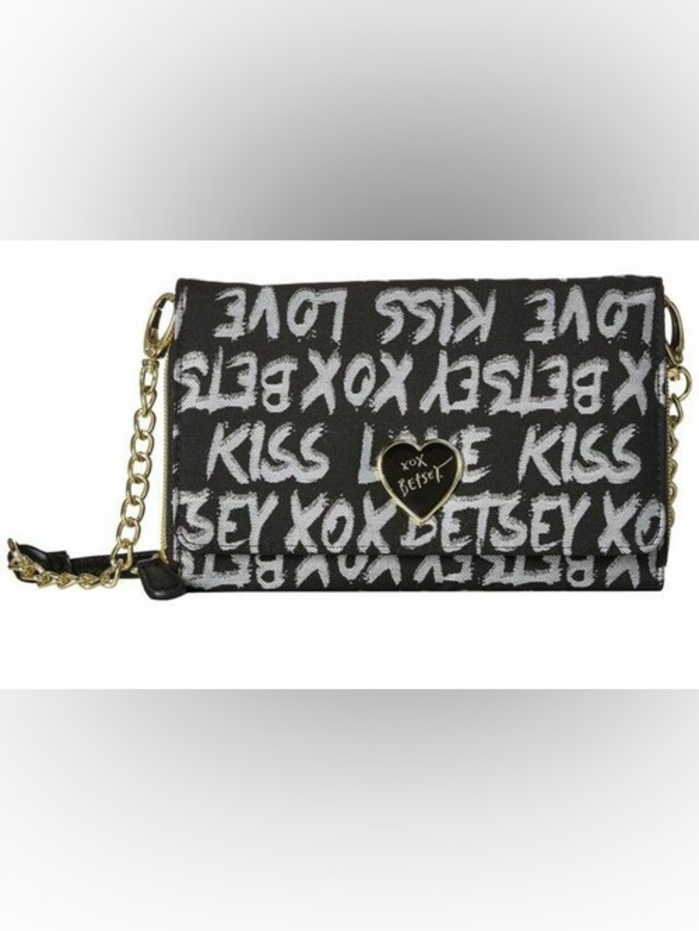 Betsey Johnson Black White 'XOX Betsy' Graphic Clutch with Crossbody Chain